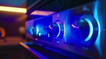 The control panel of a smart microwave lit up with a cool blue backlight making it easy to see and select cooking options video