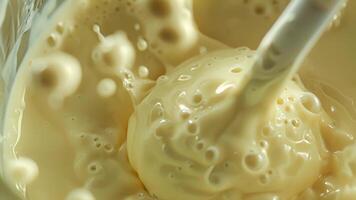 A detailed shot of the stirring paddle inside a yogurt maker churning the mixture of milk and cultures into a smooth and thick consistency video