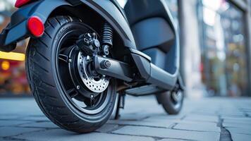 A detailed image of the front wheel and motor of an electric scooter illustrating the powerful technology that drives this mode of transportation video