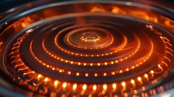 Macro shot of one of the circular burners on a portable induction cooker showcasing the unique coil pattern and copper color of the heating element video