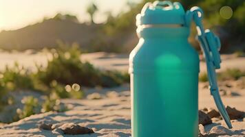 A closeup of a silicone water bottle featuring a unique collapsible design making it perfect for travelling or saving space in a backpack video