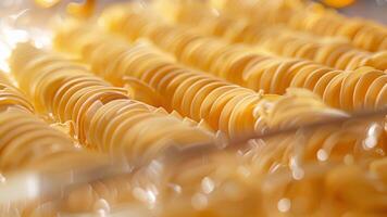 Closeup of the clear pasta ter cover providing a view of the perfectly and evenly spaced strands of pasta being produced video