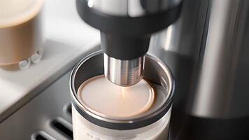 A detailed view of the frothing spout on an automatic milk frother designed to create latteworthy foam video
