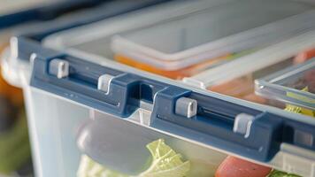 A closeup of a lock and lock storage container with four snap locks and a leakproof silicone seal to keep food secure and spillfree video