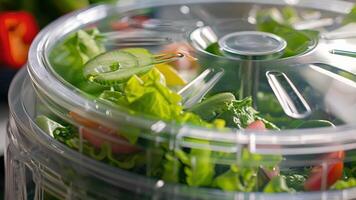 A detailed shot of the sy plastic handle on the lid of an electric salad spinner allowing for easy and secure gripping when in use video