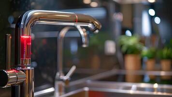 A detailed shot of a stainless steel spout of a water boiler with a red LED light indicating that the water is currently heating up video