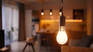 en smart glödlampa är sett dinglande från en tak fixtur dess värma glöd fyllning de rum som den är kontrollerade förbi en smartphone app video