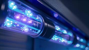 An angled closeup of the UVC light feature which sterilizes and eliminates germs and bacteria from the air video