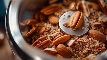 A macro shot of the interior of a nut grinder container filled to the brim with crushed pecans and almonds video