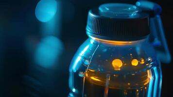 The LED light indicator on a smart hydration bottle which changes color to alert the user when its time to drink more water video