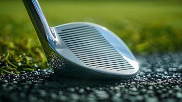 A macro shot of a chrome pitching wedge showcasing its intricate grooves and beveled sole for improved turf interaction. The clubs weight distribution and precision shaping make i video