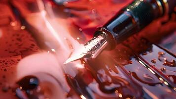 A closeup of a fountain pens nib and ink reservoir offering a tantalizing glimpse of the rich bold red ink inside video