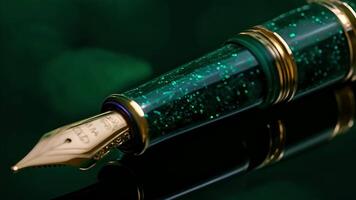 The stunning contrast of a fountain pens fine goldplated nib against a vibrant emerald green ink reservoir video