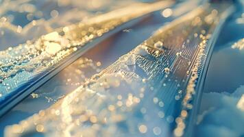 Macro shot of the sharp steel edges of skis glistening in the sunlight with precision and durability video