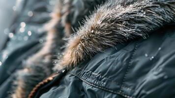 Closeup of a ski jacket featuring luxurious materials such as faux fur lining and a waterproof breathable outer shell video