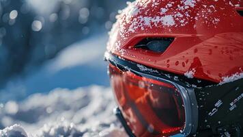 Macro image of a ski helmet showcasing its aerodynamic design and comfortable padding for maximum safety on the slopes video