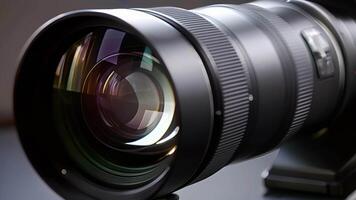 A closeup of a telephoto lens follows highlighting its impressive reach and magnification capabilities. The intricate glass elements and specialized coatings within the lens work video