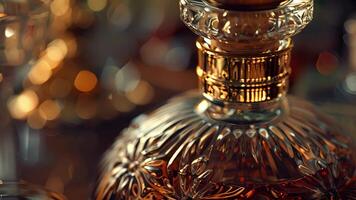 The next shot captures the intricate details of a vintage whiskey decanter with its ornate etchings and golden stopper adding to the luxurious feel video