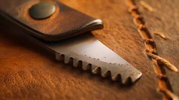 A closeup of a leather beveler its sharp blade creating beveled edges on a piece of leather adding a professional touch to any project video