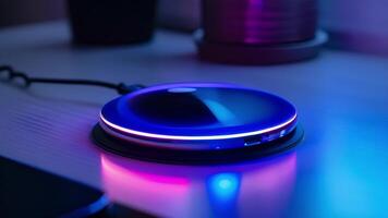 en topdown se av en trådlös laddning vaddera highlighting dess led lampor den där förändra Färg beroende på de laddning status av de enhet video