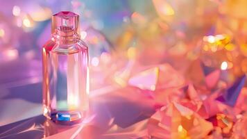 A stunning perfume bottle with a faceted design and a mesmerizing color gradient resembling a crystal prism video