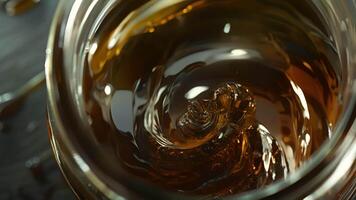 A closeup of a jar of turpentine with its thick and glossy liquid swirling inside video