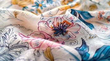 A closeup of a designers sketch for a bohemianinspired maxi dress featuring handdrawn floral patterns and swatches of breezy chiffon and silk video