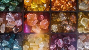 A closeup of a variety of gemstones each in their own compartment in a jewelers sorting tray waiting to be used in a oneofakind piece video