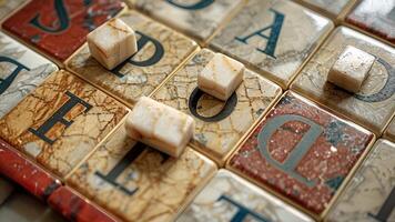 An overhead view of a lavish Scrabble board featuring handpainted tiles made from smooth glossy marble video