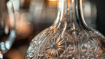 A detailed image of a wine decanter with intricate patterns etched into the glass. The decanter not only serves a functional purpose but also adds a touch of sophistication to the win video