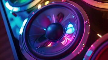 le brillant argent terminer de une haut-parleurs cône reflète le coloré lumières de une du son système ajouter une toucher de élégance à le pièce video
