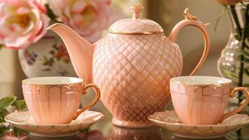 A dainty teapot in a soft peach color featuring a delicate lattice pattern and a goldaccented lid displayed alongside two tea cups in a matching hue with a subtle floral motif video