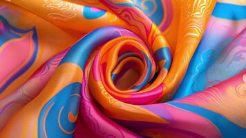 A detailed image of a silk scarf with a bold colorful abstract print. The intricate swirls and shapes in shades of orange pink and blue provide a burst of energy against the smoot video