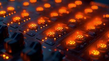 The soft glow of LED lights illuminates a sound systems control panel beckoning to be used to adjust volume EQ and other settings video