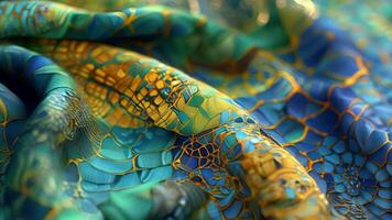 A macro shot of a silk scarf featuring an intricate mosaic design in shades of blues greens and yellows. The fine detailed lines of the design create a mesmerizing effect drawing th video