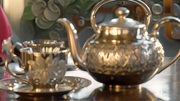 A silver teapot with a hammered texture accompanied by two sleek silver cups with etched floral designs and matching saucers video