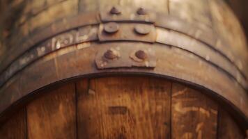A zoomedin shot of a wine barrel with engraved markings indicating its origin and age. Each barrel holds a story and contributes to the overall flavor of the wine video