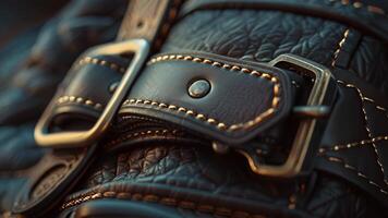 A detailed shot of the adjustable the goggles with intricate stitching and a smooth metallic buckle video