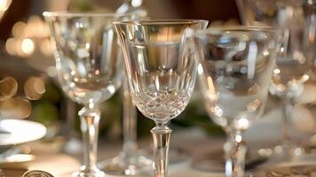 A closeup of a crystal water goblet featuring a long stem and a polished base reflecting the sparkling ambience of the fine dining setting video