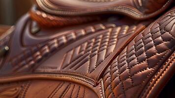 A macro shot of the saddles panels revealing the thick and cushioned layers of leather used for optimal comfort and support for both horse and rider video