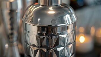A detailed shot of a chrome cocktail shaker with a geometric pattern etched into the surface and a round on the lid for a sleek and stylish design video