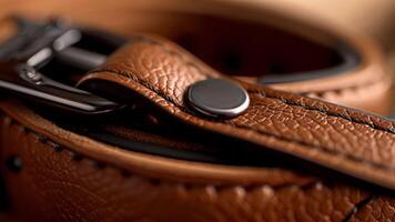 A detailed shot of a highquality leather smart collar reveals intricate stitching and a discreet pocket for a GPS tracking device. The collar also includes a unique QR code that ca video