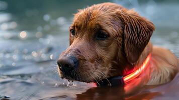 finalmente uma fechar-se do uma à prova d'água inteligente animal colarinho projetado para aventureiro animais de estimação quem amor para nadar e jogar dentro a água. a colarinho características uma GPS rastreador e uma brilhante conduziu luz para video
