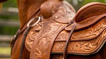 A closeup of the saddles cantle displaying the precise stitching and ornate design of the leather accents video