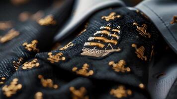 The final closeup showcases a beautifully embroidered tie featuring the same sailing ship emblem as seen on the blazers. The colors and attention to detail make this tie a perfect video
