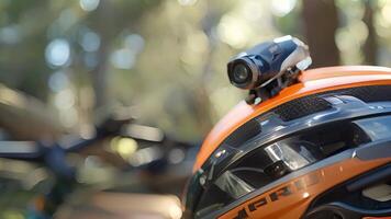 A detailed view of the smart camera attached to the front of a bike helmet capturing footage of rides and providing added security video