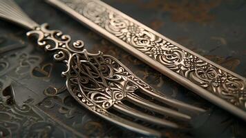 An intricate silver salad fork intricately designed with a combination of geometric and floral patterns video