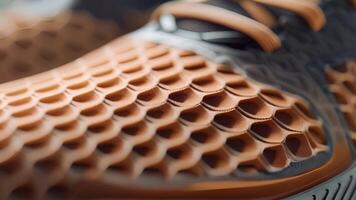 The topdown view of a hightech running shoe reveals its cushioned supportive sole with a honeycomblike pattern. The laces are made of a durable lightweight material and are neatly tucke video