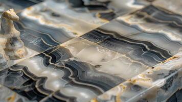 An exquisite chess board made from rare onyx stone and featuring striking natural patterns in shades of black white and gray. It is both a functional board and a piece of art video