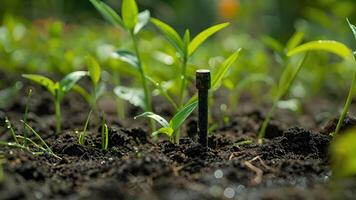 A macro shot of a smart sprinkler sensor which measures moisture levels in the ground and adjusts watering accordingly. The sensor is embedded in the ground and has small delicate probe video